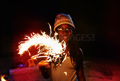 Buy stock photo Sparklers, night and outdoor with teenage girl, portrait and shouting with happiness and cheerful. Person, culture or emotion with New Years party and event with celebration or evening with fireworks