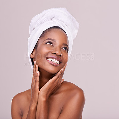 Buy stock photo Black woman, skin care and natural for beauty, studio and wellness in fresh look with smile and face touch. African female person, soft cosmetic and aloe vera for anti age, nude and confidence 