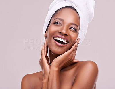 Buy stock photo Hands, face and happy black woman for beauty, natural cosmetics and spa treatment isolated on grey background. Skincare glow, touching skin for dermatology and self care with African model in studio