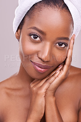 Buy stock photo Woman, face and towel for skincare in studio with beauty, dermatology and facial glow on a white background. Portrait of young model or African person smile for hygiene, cosmetics or natural makeup