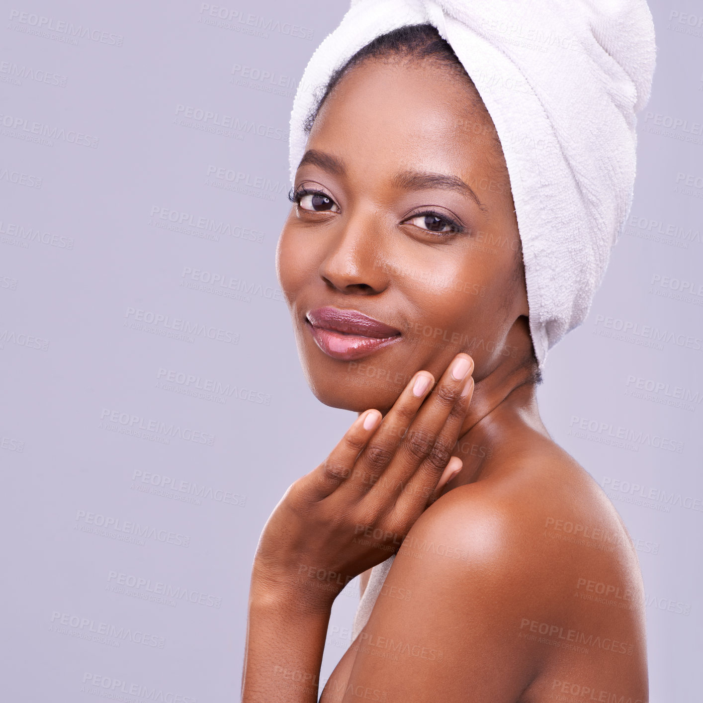 Buy stock photo Hand, face and black woman in portrait for beauty, natural cosmetics and spa skin treatment isolated on purple background. Skincare glow, dermatology and self care with African model in studio