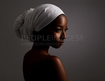 Buy stock photo Beauty, thinking and black woman in dark studio with head scarf, skincare and pride in culture. Cosmetics, skin glow and face of African model for dermatology, spa and girl on grey background