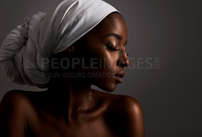 Buy stock photo Beauty, profile and black woman in dark studio with head scarf, skincare and pride in culture. Cosmetics, skin glow and face of African model with dermatology, luxury and girl on grey background