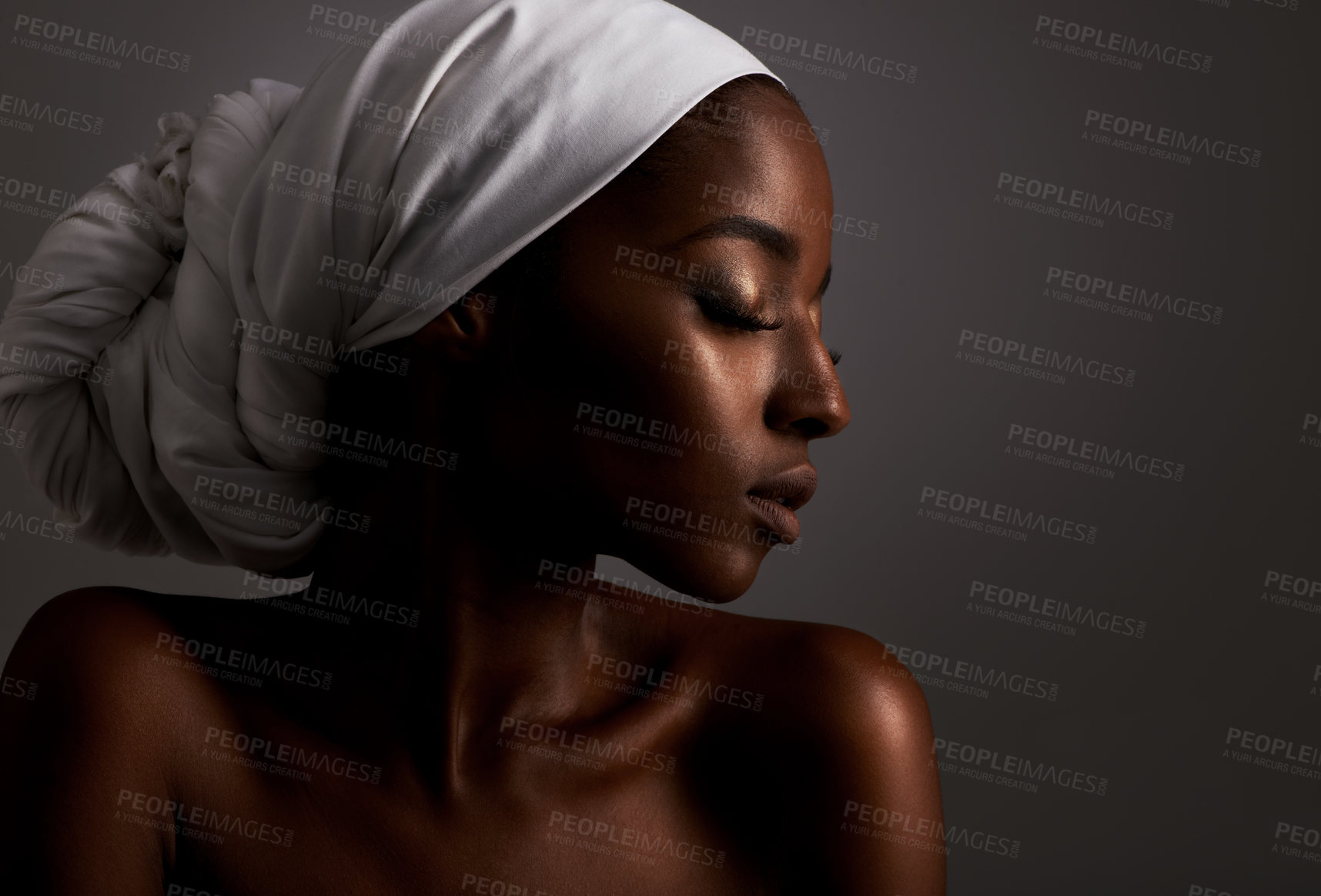 Buy stock photo Beauty, profile and black woman in dark studio with head scarf, skincare and pride in culture. Cosmetics, skin glow and face of African model with dermatology, luxury and girl on grey background