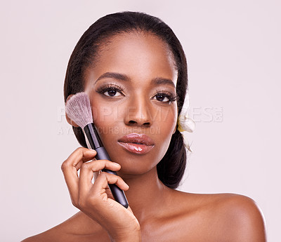Buy stock photo Cosmetics, makeup and portrait of black woman with brush on face in studio with cosmetic application tool. Skincare, confidence and beauty mock up, luxury skin care model isolated on pink background.