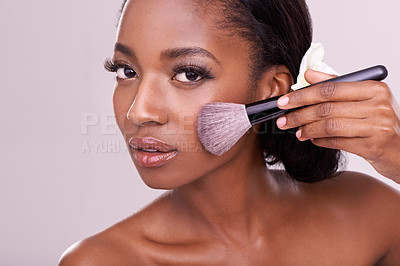 Buy stock photo Portrait, makeup and black woman with brush in studio, cosmetic application tool and glamour. Skincare, blush and cosmetics, beauty model in luxury contour powder product on on cheek pink background.