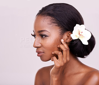 Buy stock photo Black woman, flower and natural beauty with dermatology and wellness isolated on grey background. Cosmetic care, eco friendly treatment with nature or plant, makeup and organic facial for skincare