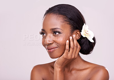 Buy stock photo Black woman, flower and beauty with thinking for dermatology and wellness on pink background. Natural cosmetic care, eco friendly treatment with nature and reflection for natural and organic skincare