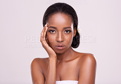 Buy stock photo Portrait, beauty and serious with natural black woman in studio on white background for wellness. Face, skincare and cosmetics with confident young aesthetic model at spa for dermatology treatment