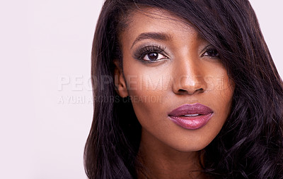 Buy stock photo Makeup, beauty and face of a black woman in studio for skin glow, hair extension or cosmetics. Portrait of african female model on a pink background for skincare, mockup space and luxury aesthetic