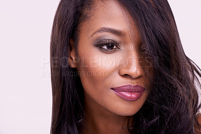 Buy stock photo Makeup, black woman and face with beauty in studio for cosmetics, eyelash or hair extension. Headshot of african female model on a pink background for facial shine, skin glow and luxury aesthetic