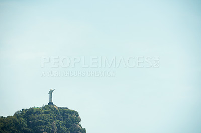 Buy stock photo Brazil, statue and Christ the Redeemer on sky background for tourism, sightseeing and global destination. Travel mockup, Rio de Janeiro and drone view of monument, sculpture and landmark on mountain