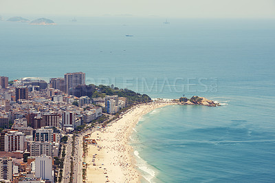 Buy stock photo Drone, water and beach for travel, summer and freedom, location and adventure in nature. Aerial view, ocean or Rio de Janeiro landscape, island or tropical paradise, relax or stress relief in Brazil