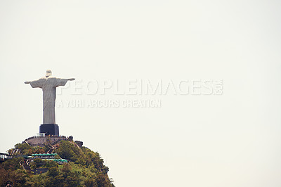 Buy stock photo Brazil, statue and aerial of Christ the Redeemer on hill for tourism, sightseeing and travel destination. Traveling, Rio de Janeiro and drone view of monument, sculpture and city landmark on mountain