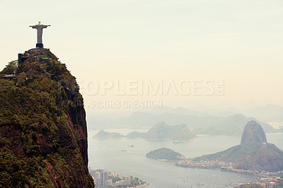 Buy stock photo Mountain, monument and aerial of Christ the Redeemer on hill for tourism, sightseeing and travel destination. Traveling mockup, Rio de Janeiro and statue, sculpture and city landmark by Brazil ocean