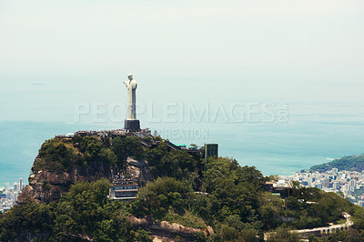 Buy stock photo Landscape, monument and Christ the Redeemer in Brazil for tourism, sightseeing and travel destination. Traveling mockup, Rio de Janeiro and aerial view of statue, sculpture and landmark on mountain