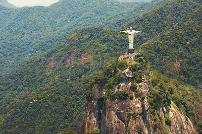 Buy stock photo Brazil, landscape and aerial of Christ the Redeemer on hill for tourism, sightseeing and travel destination. Traveling, Rio de Janeiro and drone view of statue, sculpture and landmark on mountain