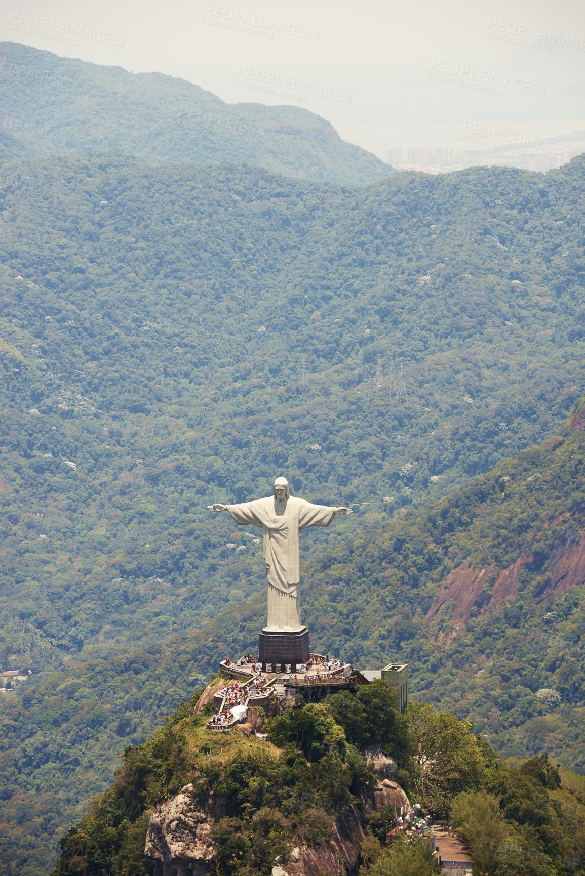 Buy stock photo Travel, monument and Christ the Redeemer in Rio on hill for tourism, sightseeing and global destination. Traveling, architecture and drone view of statue, sculpture and Brazil landmark on mountain