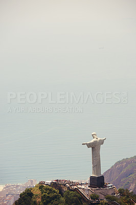 Buy stock photo Brazil, monument and Christ the Redeemer by ocean for tourism, sightseeing and travel destination. Landscape, Rio de Janeiro mockup and aerial view of statue, sculpture and landmark on mountain