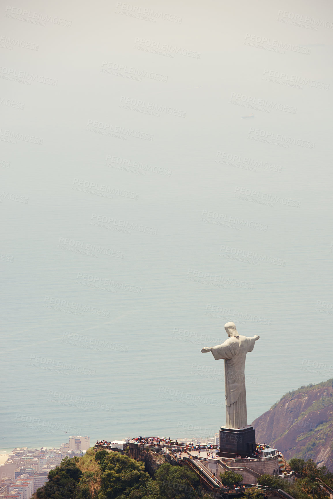 Buy stock photo Brazil, monument and Christ the Redeemer by ocean for tourism, sightseeing and travel destination. Landscape, Rio de Janeiro mockup and aerial view of statue, sculpture and landmark on mountain