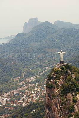 Buy stock photo Brazil, statue and aerial of Christ the Redeemer on mountain for tourism, sightseeing and travel destination. Traveling, Rio de Janeiro and drone view of monument, sculpture and city mockup on hill