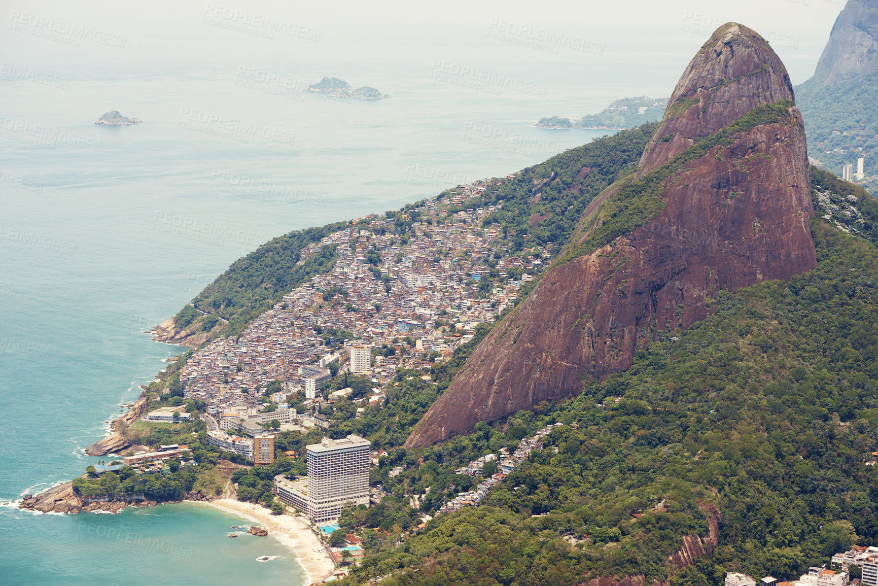 Buy stock photo Coastline, mountains or drone with city, seaside or environment with holiday or getaway trip. Brazil, earth or clouds with water or waves with vacation or buildings with beach, aerial view or nature