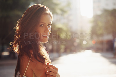 Buy stock photo Portrait, smile and woman with sunshine, city and happiness with weekend break and travelling. Face, person and New York with girl and summer with journey and adventure with lens flare and confidence