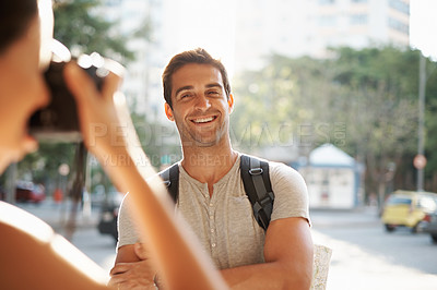 Buy stock photo Tourist, man and photographer in street for travel, sightseeing or happiness on holiday or vacation in Brazil. Arms crossed, person or smile in city road for explore, tourism or journey in urban town