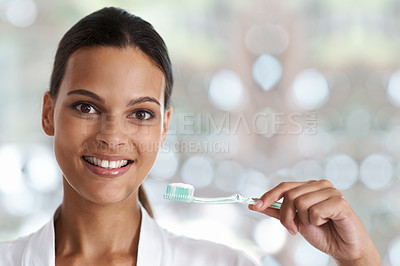 Buy stock photo Woman, teeth and smile with toothbrush, self care and portrait for health in bathroom. Person, cleaning and healthcare for dental, oral hygiene or routine at home with dentistry and whitening