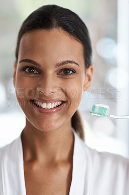 Buy stock photo Woman, dental and smile with toothbrush, self care and portrait for health in bathroom. Person, cleaning and healthcare for teeth, oral hygiene or routine at home with dentistry and whitening