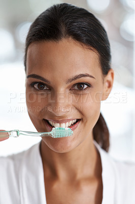 Buy stock photo Woman, brushing teeth and toothbrush for dental, portrait with smile in bathroom for morning routine. Oral hygiene, wellness and orthodontics with toothpaste for fresh breath, health and self care