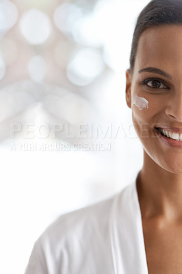 Buy stock photo Skincare, portrait and closeup of woman with cream for beauty, wellness or dermatology in morning. Moisturizer, bokeh and face of person for healthy skin, facial treatment and cosmetics in home.