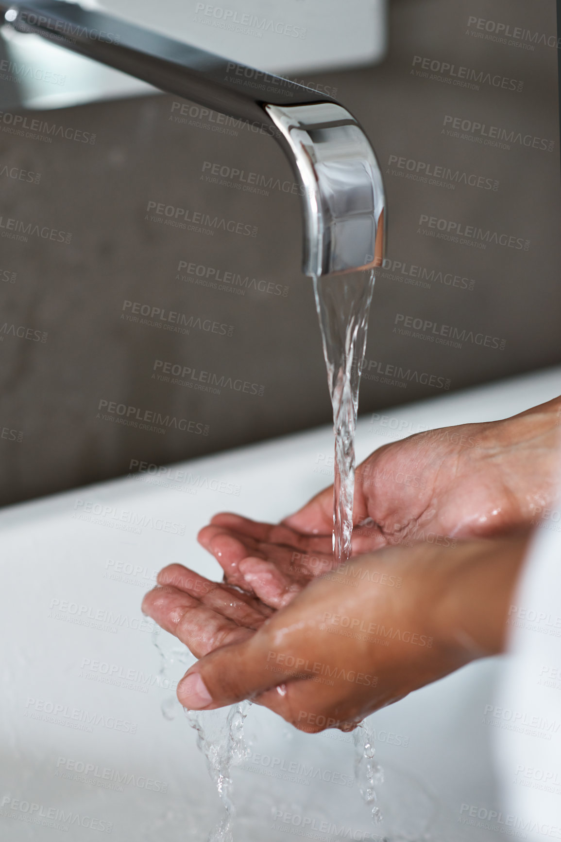 Buy stock photo Handwashing, water and person in bathroom for hygiene, wellness and safety from germs or bacteria in home. Cleaning hands, liquid and self care with skincare, disinfection and splash in sink