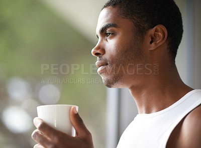 Buy stock photo Black man, window and thinking with coffee for dream, start or morning in ambition or vision at home. Face of African male person in wonder or thought with mug or cup of tea for breakfast at house