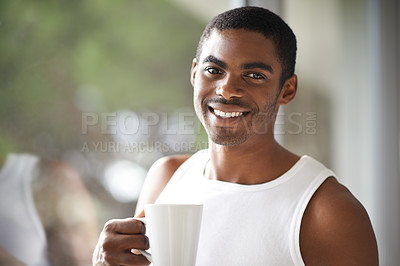 Buy stock photo Black man, portrait and window with coffee for morning, breakfast start or ambition at home. Face of young African male person with smile, mug or cup of tea for beverage, cappuccino or drink at house