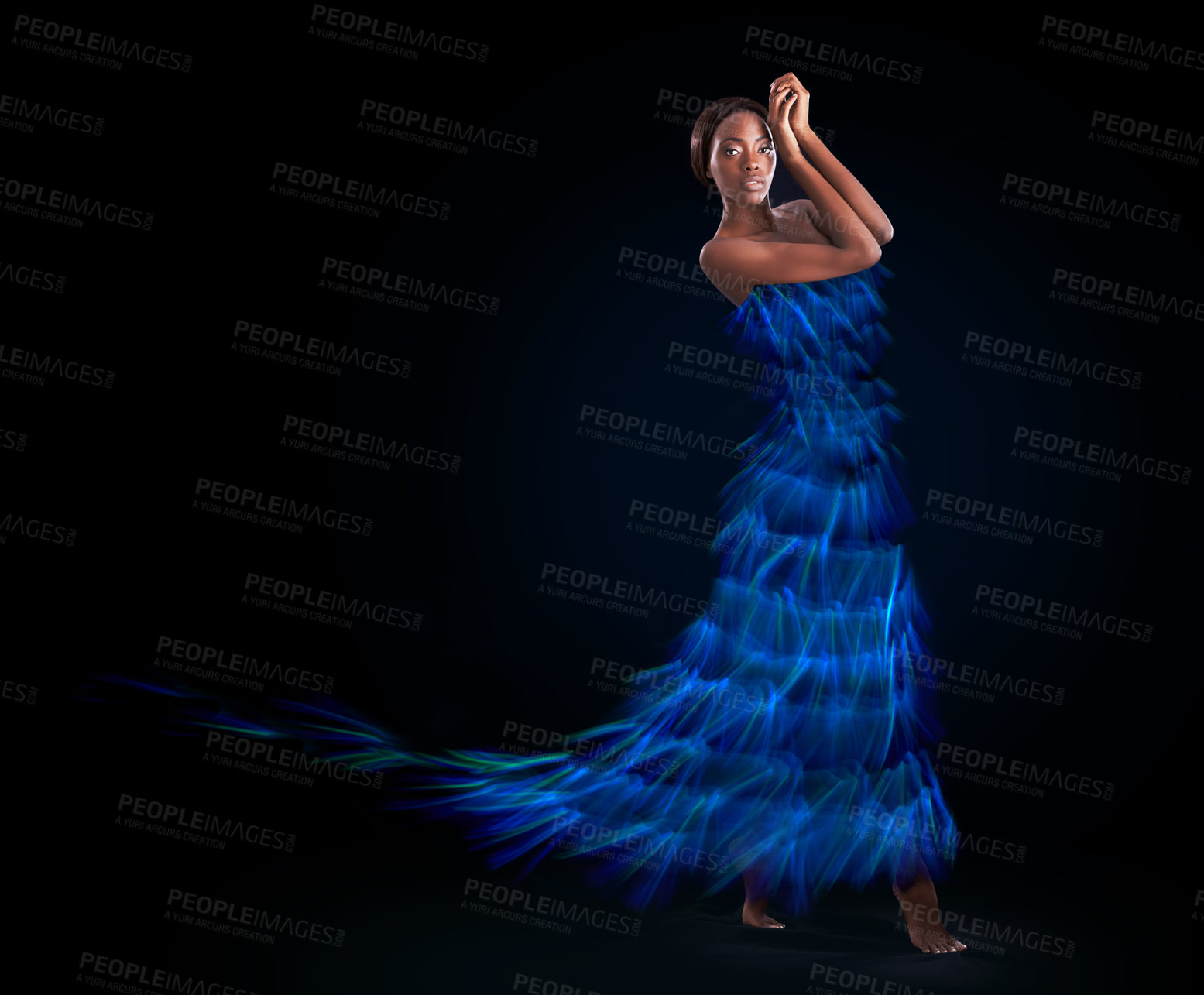 Buy stock photo Portrait, dress and art of dance with black woman in studio on dark background for performance. Creative, dancer or movement with confident young person moving in rhythm for concert and neon abstract