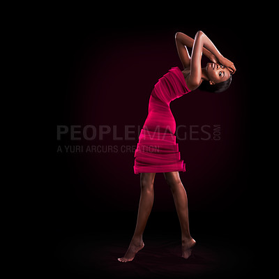 Buy stock photo Portrait, fashion and art of dance with black woman in studio on dark background for performance. Creative, music and movement with confident young person dancing or moving in rhythm for concert