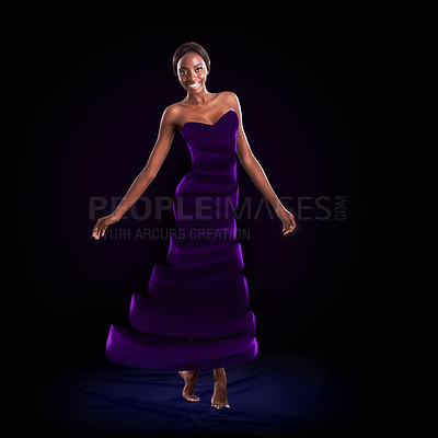 Buy stock photo Portrait, smile and art of dance with black woman in studio on dark background for performance. Creative, fashion dress and happy with confident female person moving in rhythm to music for concert