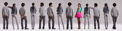 Buy stock photo Portrait, collage or smile of black woman in studio with man isolated on a gray background. Fashion, montage or group of people with African couple in casual clothes, color or standing out with clone