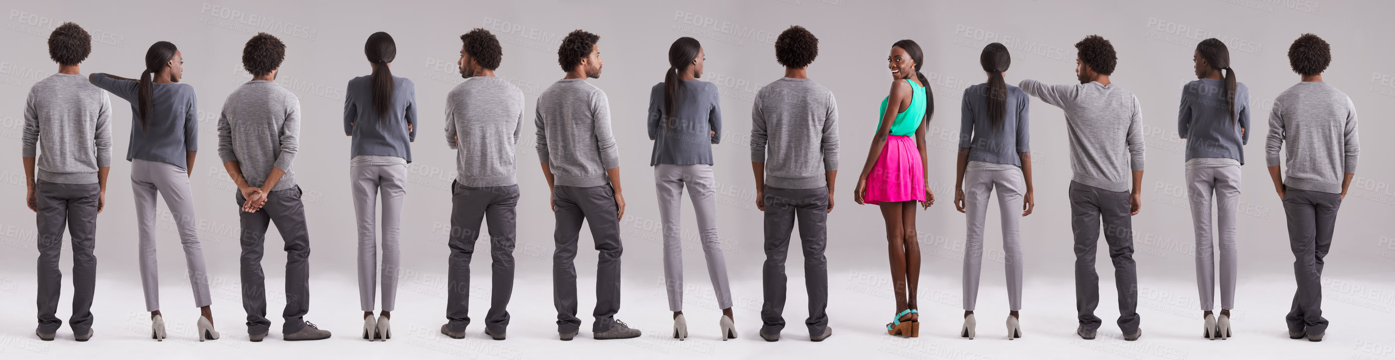 Buy stock photo Portrait, collage or smile of black woman in studio with man isolated on a gray background. Fashion, montage or group of people with African couple in casual clothes, color or standing out with clone