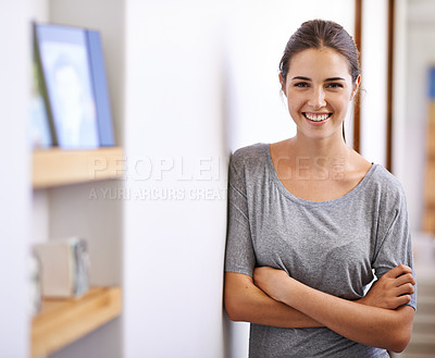 Buy stock photo Portrait, woman and home with happiness on break for rest in living room, leisure and serious for wellness. House, female person, smile for break with me time to relax, chill and enjoy with peace.