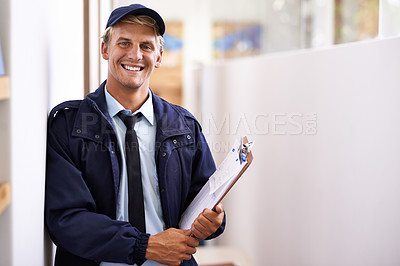 Buy stock photo Delivery, checklist and portrait of man with clipboard for inventory, logistics and supply chain information. Happy, courier and person with survey of shipping, distribution or ecommerce compliance