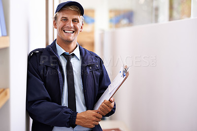 Buy stock photo Portrait, smile and retail with courier man at office for distribution, shipping or service. Ecommerce, logistics or delivery and happy young postal worker with clipboard for manifest or order