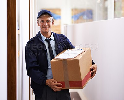 Buy stock photo Delivery, checklist and portrait of man with box from inventory, logistics and supply chain with information. Happy, courier and person with clipboard survey of shipping, distribution or ecommerce