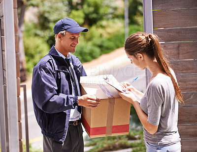 Buy stock photo Delivery, package and woman sign documents, forms and application for courier, parcel and box. Online shopping, ecommerce and people with receipt for shipping, supply chain and distribution in home