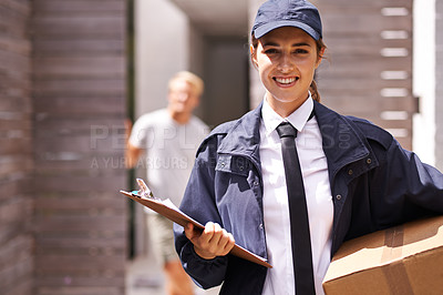 Buy stock photo Courier woman, box and outdoor in portrait at house for customer with smile for shipping in neighborhood. Girl, delivery and employee in supply chain, logistics and clipboard for cardboard package