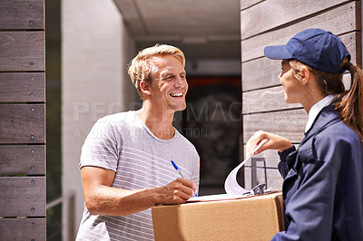 Buy stock photo Delivery, courier and man sign documents, forms and application for package, parcel and box. Online shopping, ecommerce and people with paperwork for shipping, supply chain and distribution in home