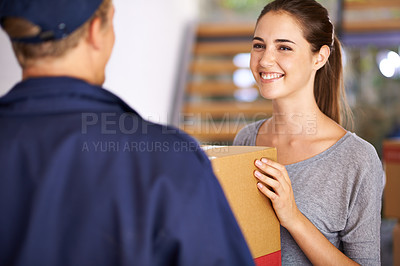 Buy stock photo Delivery, shipping and courier with woman at door for logistics, cargo and supply chain. Ecommerce, package and export with man giving customer box at home for distribution, freight and retail