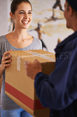 Buy stock photo Delivery, shipping and courier with woman and product for logistics, cargo and supply chain. Ecommerce, package and export with man giving customer box at home for distribution, freight and retail