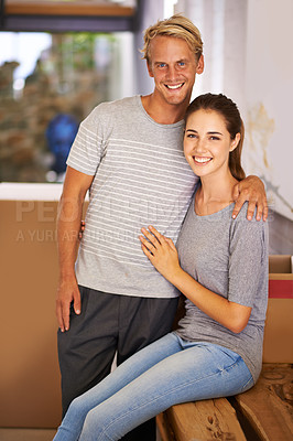 Buy stock photo Portrait of a happy young couple on moving day